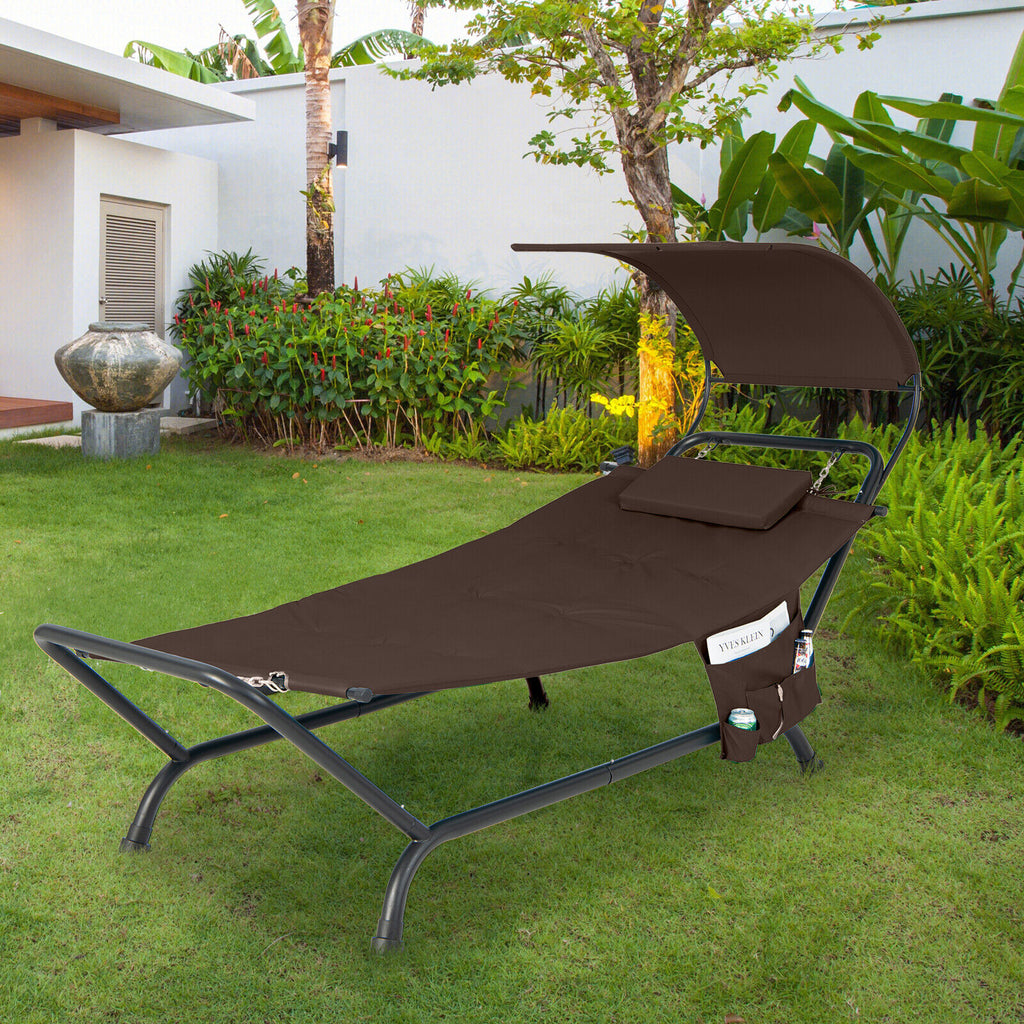 Patio Hanging Chaise Lounge Chair with Canopy Cushion Pillow and