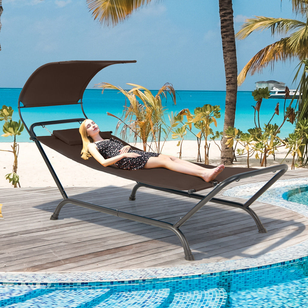 Patio Hanging Chaise Lounge Chair with Canopy Cushion Pillow and