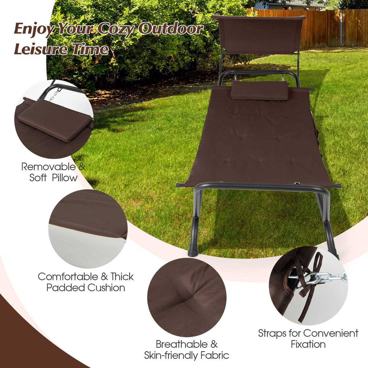 Patio Hanging Chaise Lounge Chair with Canopy Cushion Pillow and