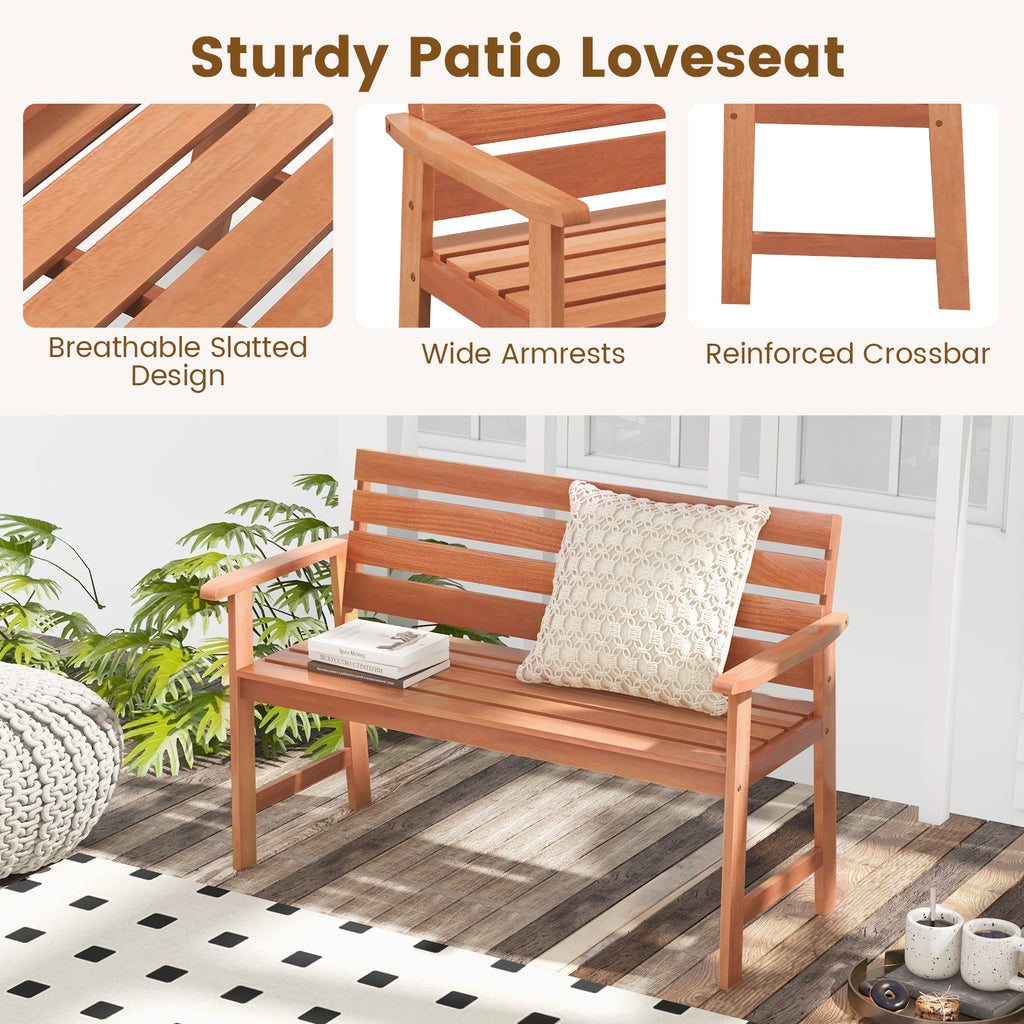 Patio Solid Wood Bench 2-Seat Chair with Breathable Slatted Seat &