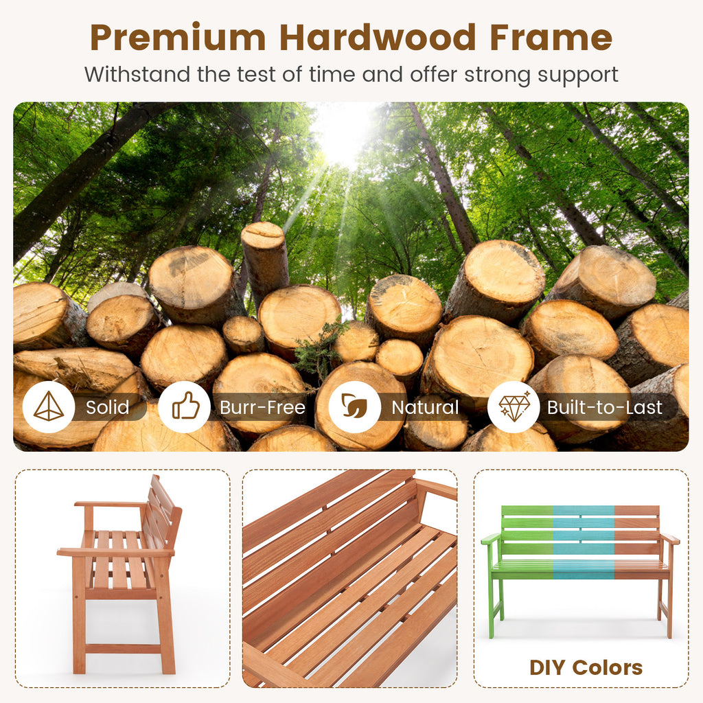 Patio Solid Wood Bench 2-Seat Chair with Breathable Slatted Seat &