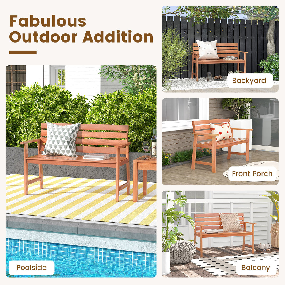 Patio Solid Wood Bench 2-Seat Chair with Breathable Slatted Seat &