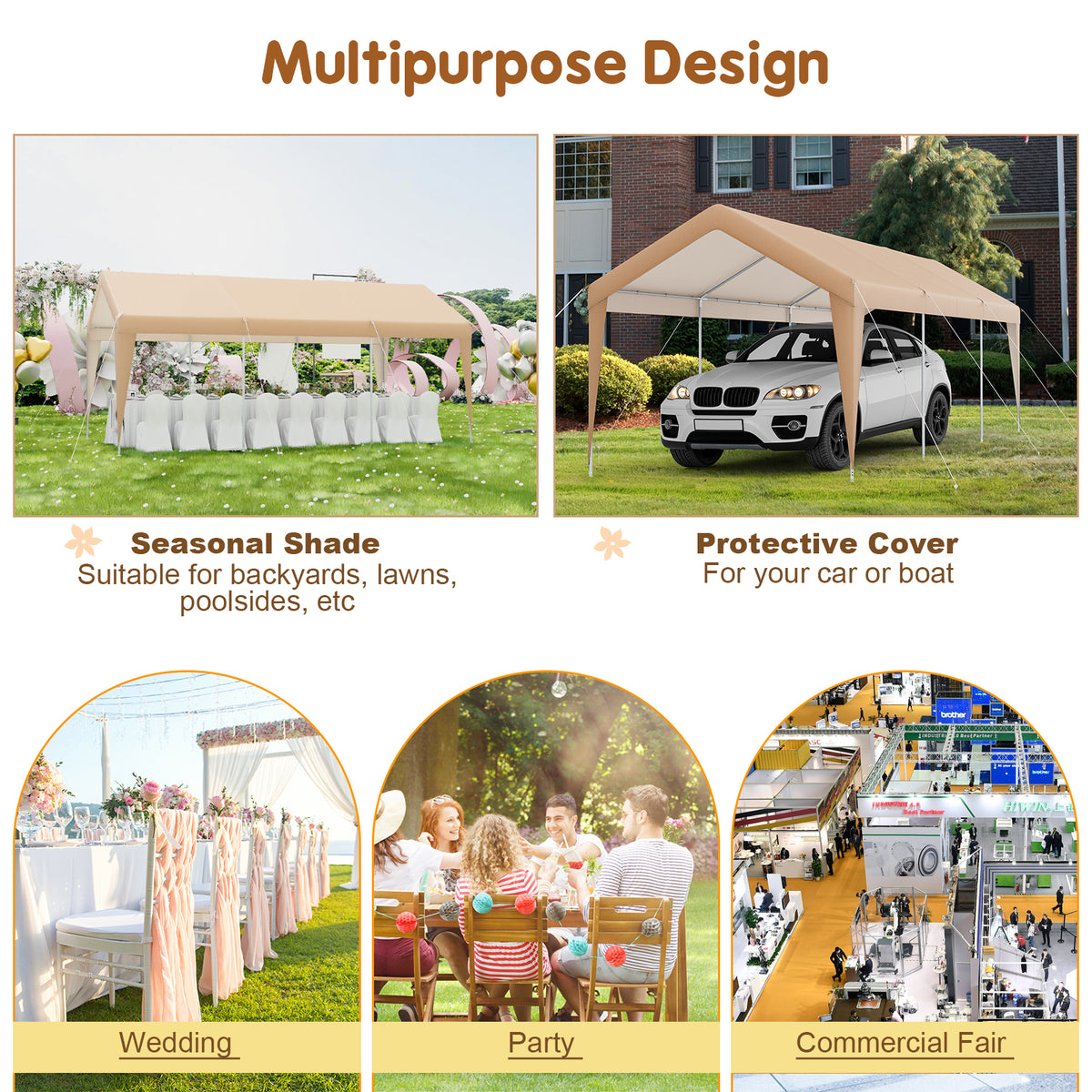 10 x 20 Feet Patio Carport Tent with Galvanized Steel Frame – No Sidewall