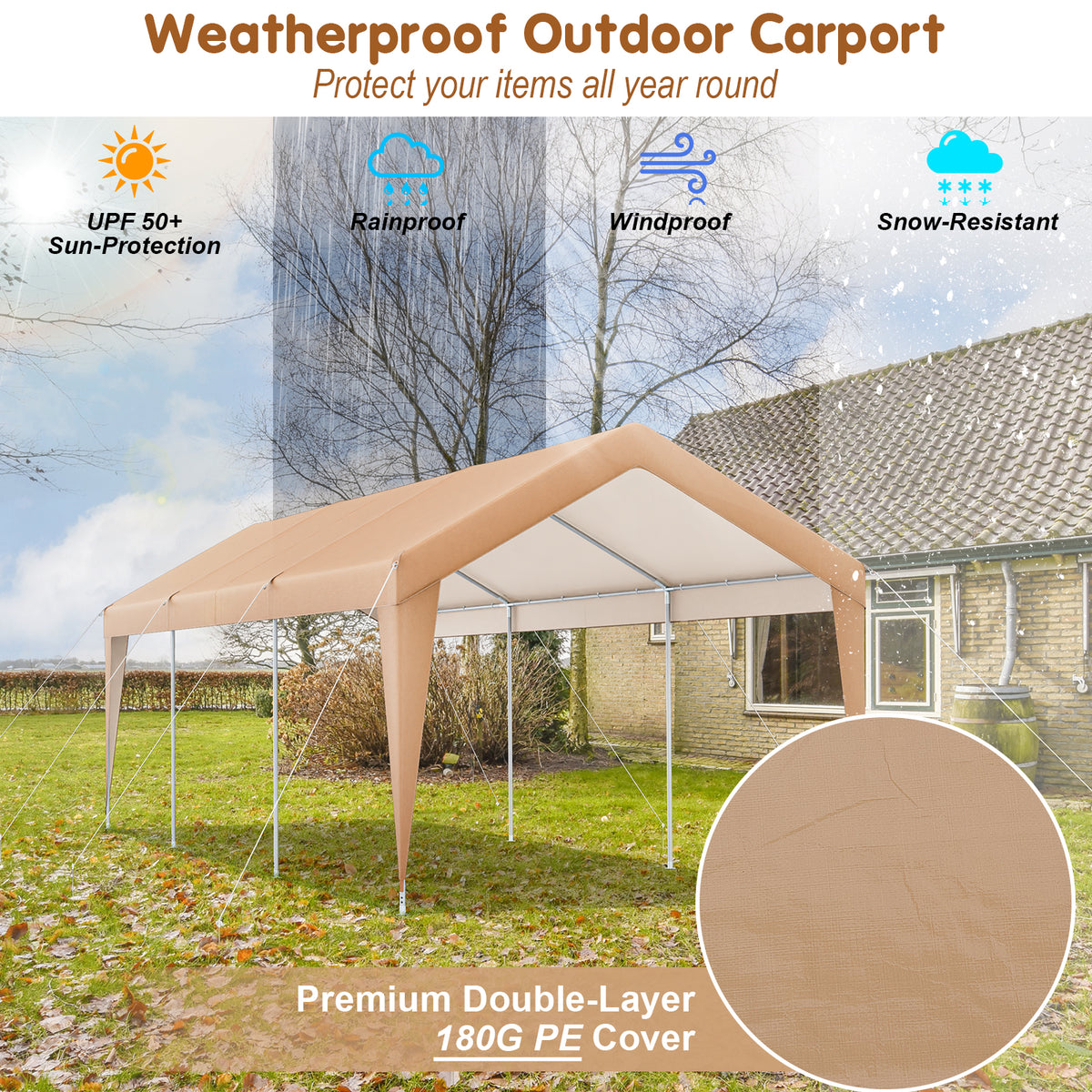10 x 20 Feet Patio Carport Tent with Galvanized Steel Frame – No Sidewall