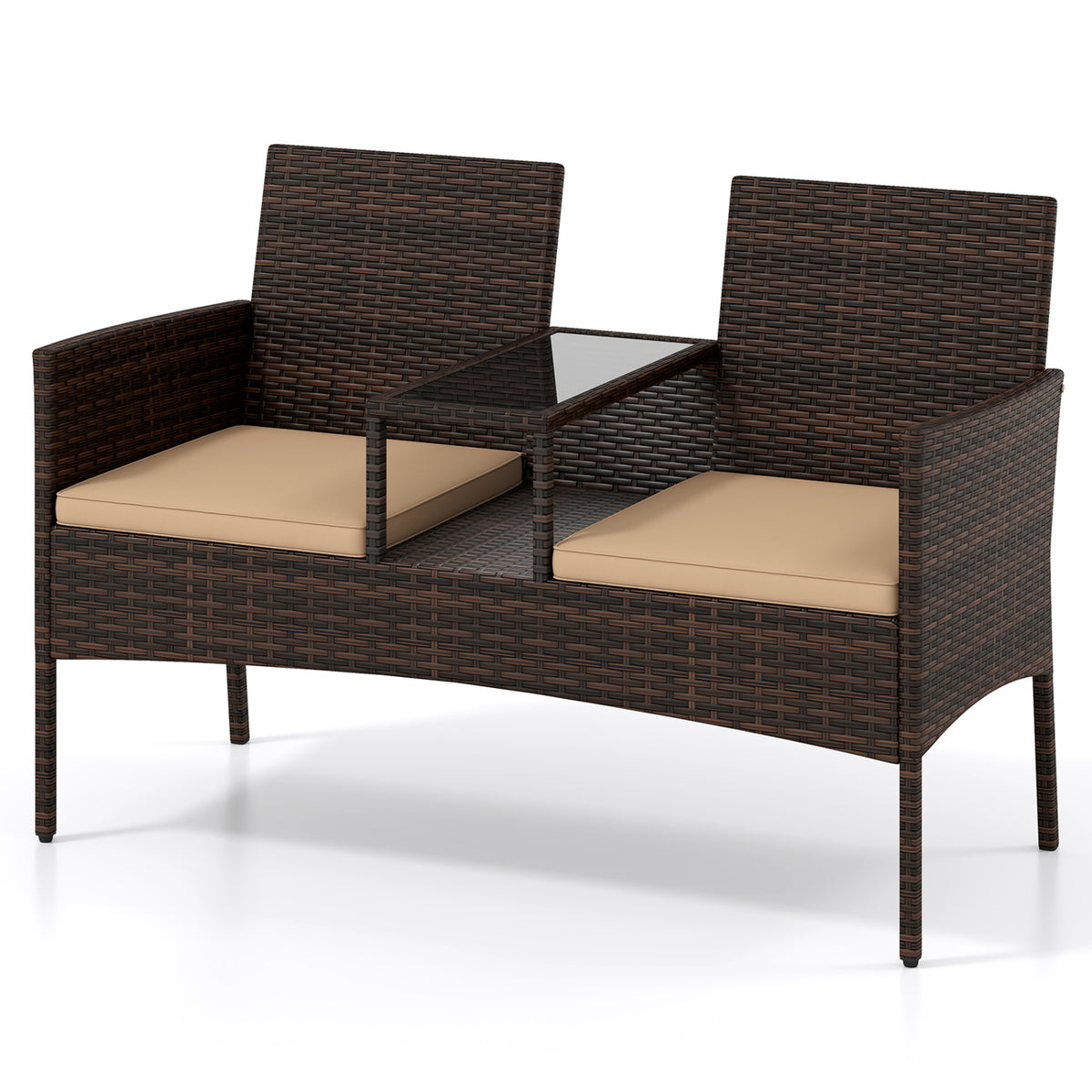 Outdoor Wicker Patio Loveseat with Built-in Glass Side Table