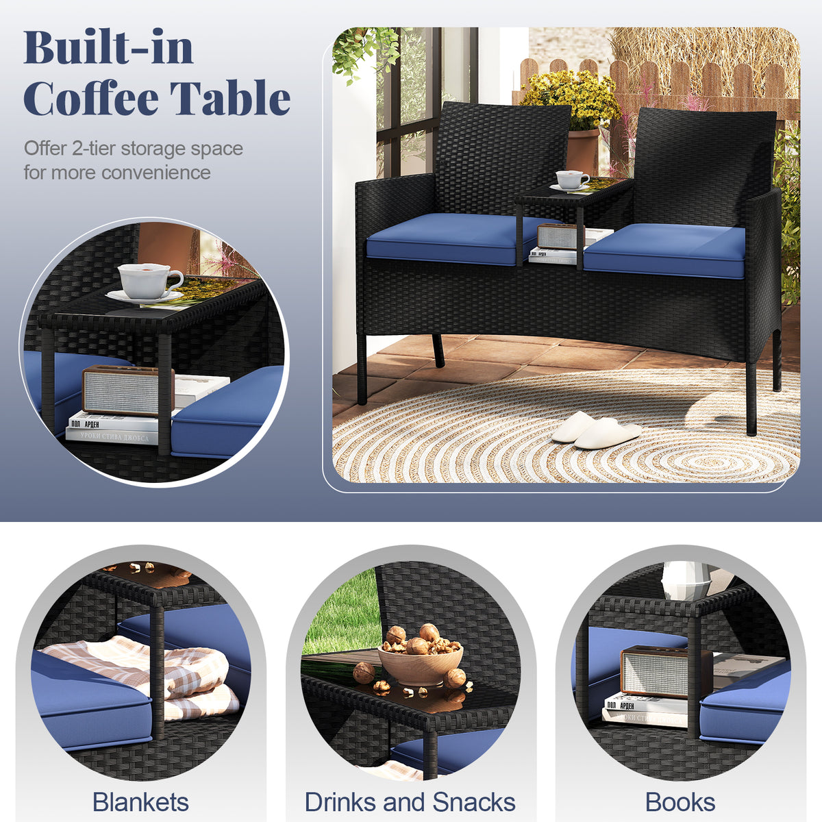 Patio Loveseat with Built-in Table - Navy