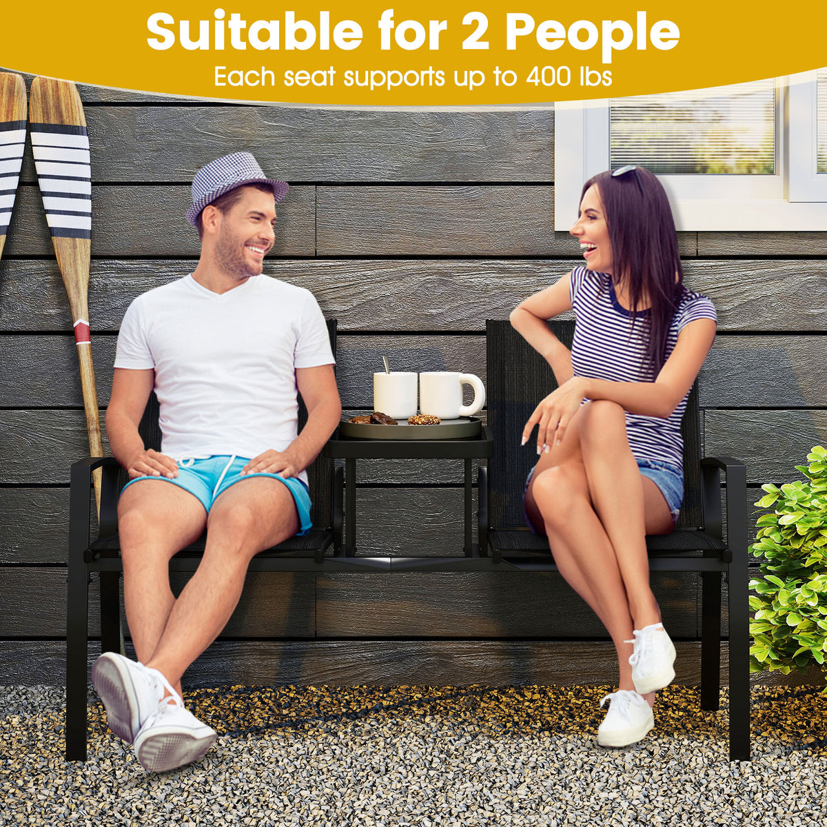 Patio Loveseat with Built-in Table - Black