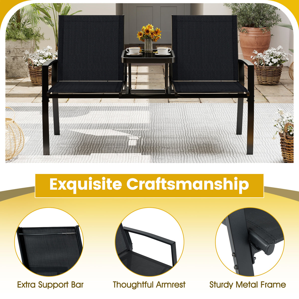 Patio Loveseat with Built-in Table - Black