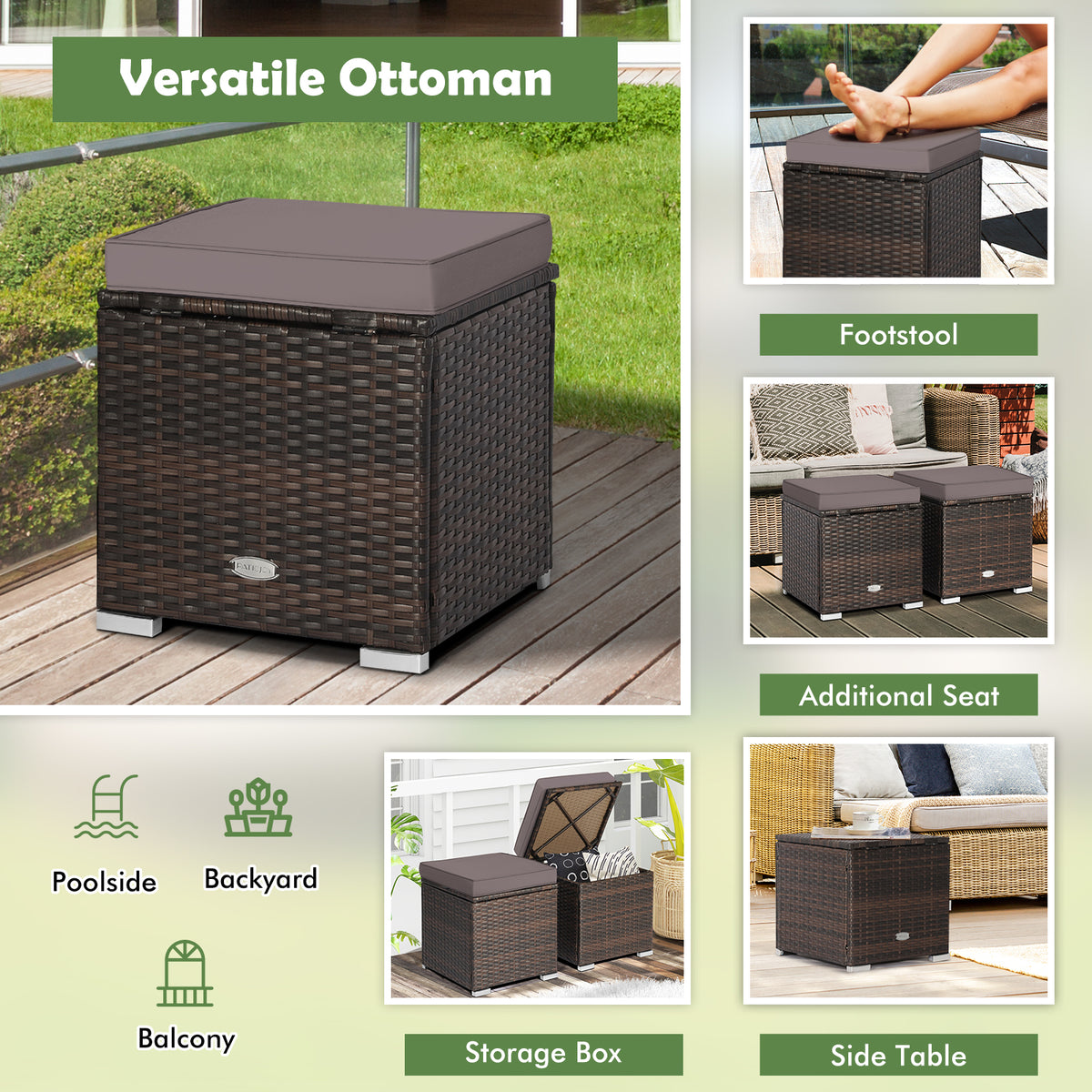 Patio Storage Ottoman with Cushion - Gray, Set of 2