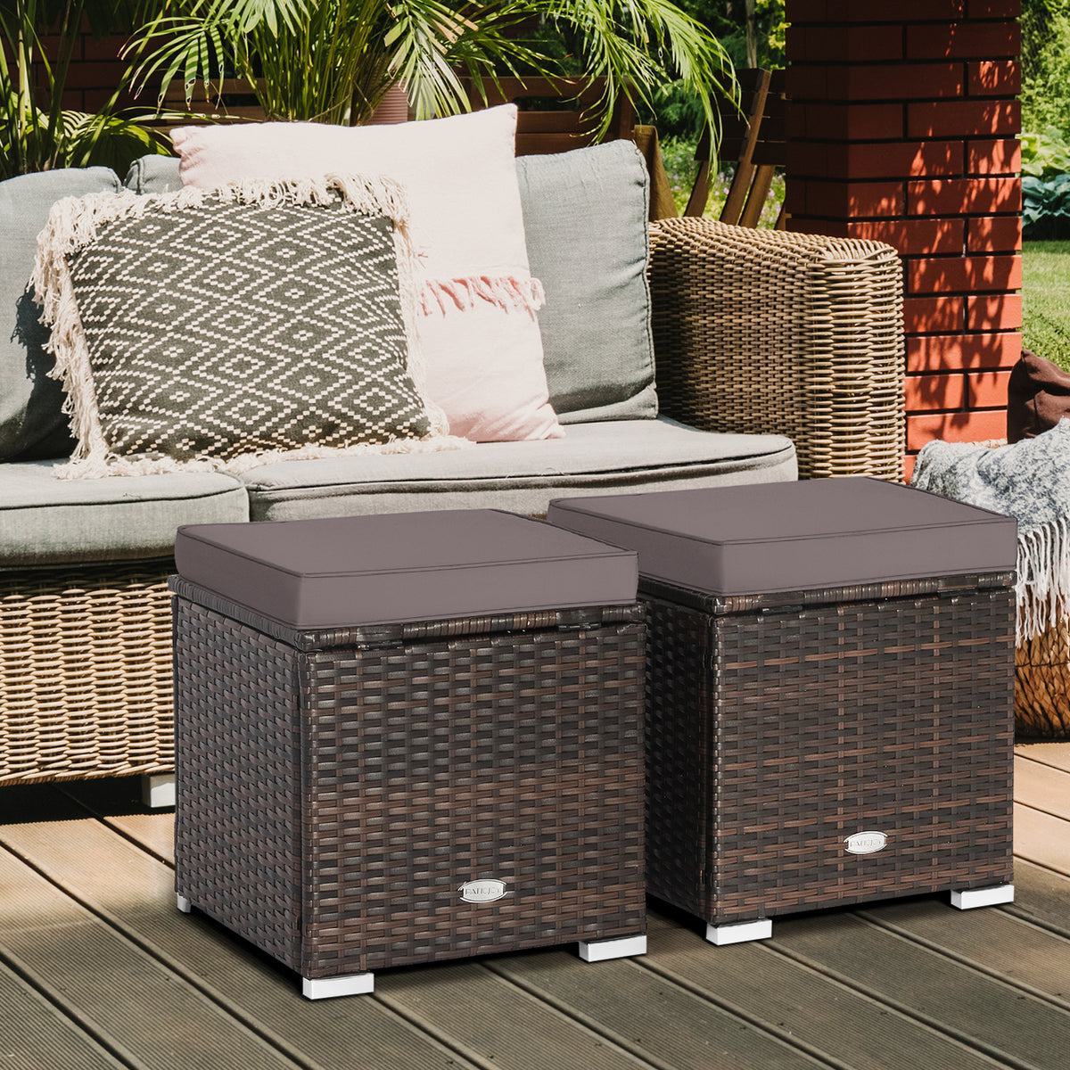 Patio Storage Ottoman with Cushion - Gray, Set of 2