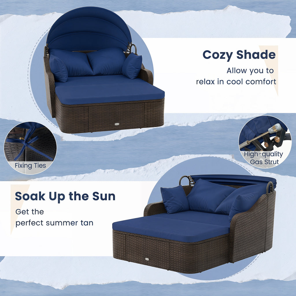 PE Rattan Daybed with Retractable Canopy & Cushions - Navy