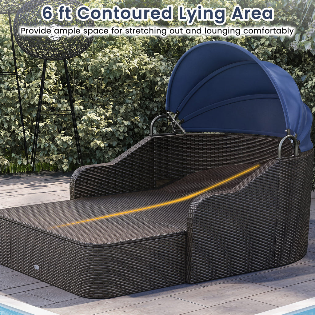 PE Rattan Daybed with Retractable Canopy & Cushions - Navy