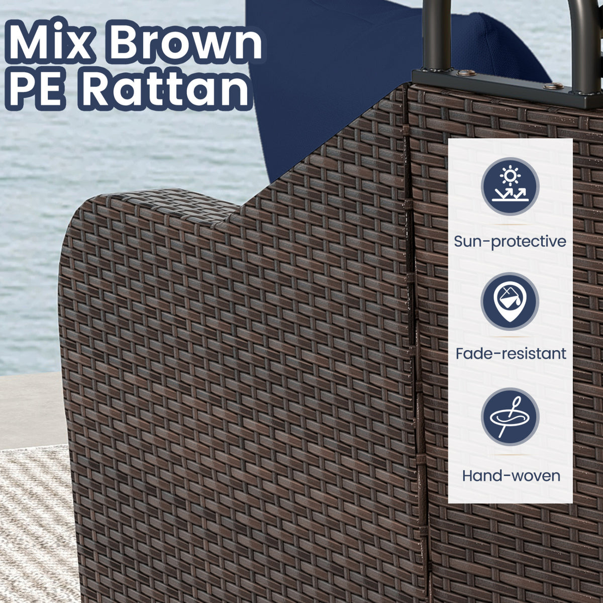 PE Rattan Daybed with Retractable Canopy & Cushions - Navy