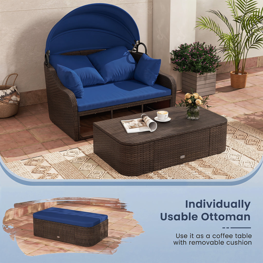 PE Rattan Daybed with Retractable Canopy & Cushions - Navy