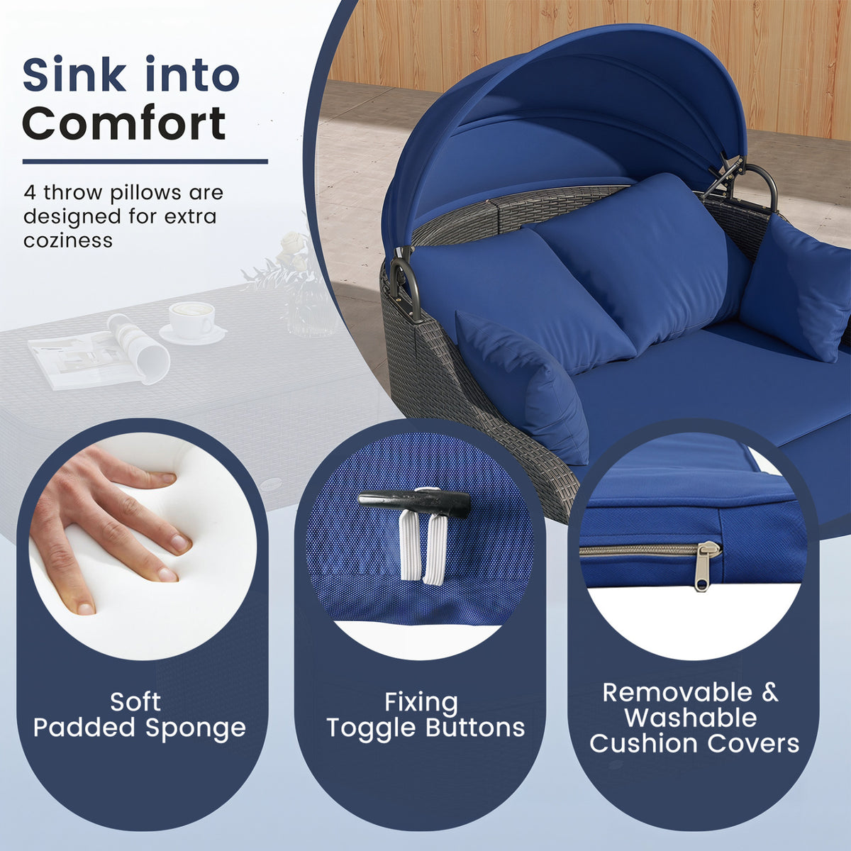 PE Rattan Daybed with Retractable Canopy & Cushions - Navy