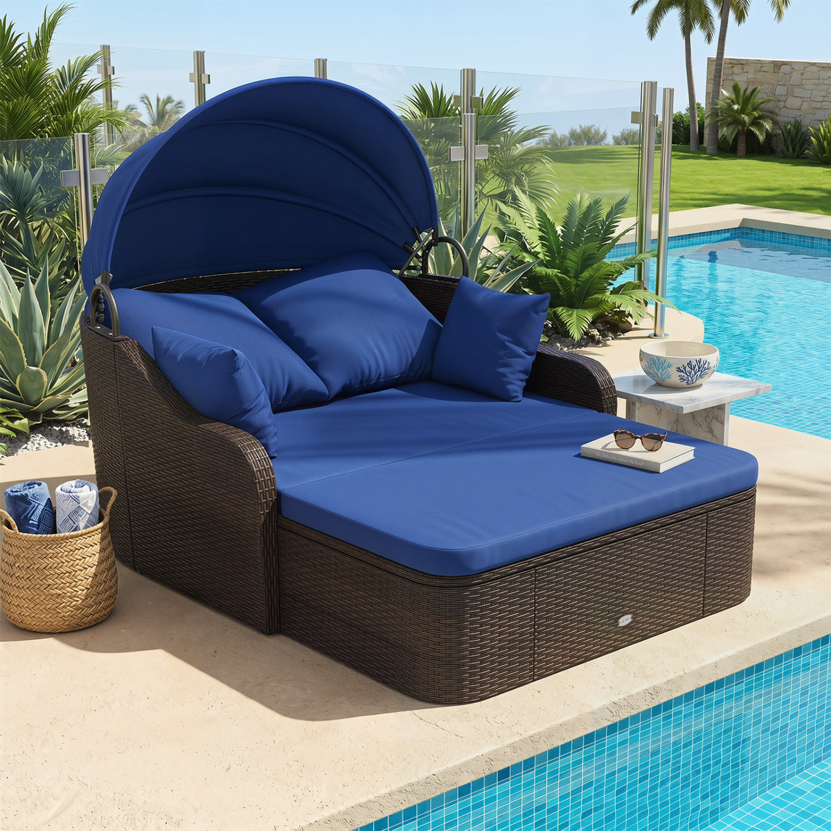 PE Rattan Daybed with Retractable Canopy & Cushions - Navy