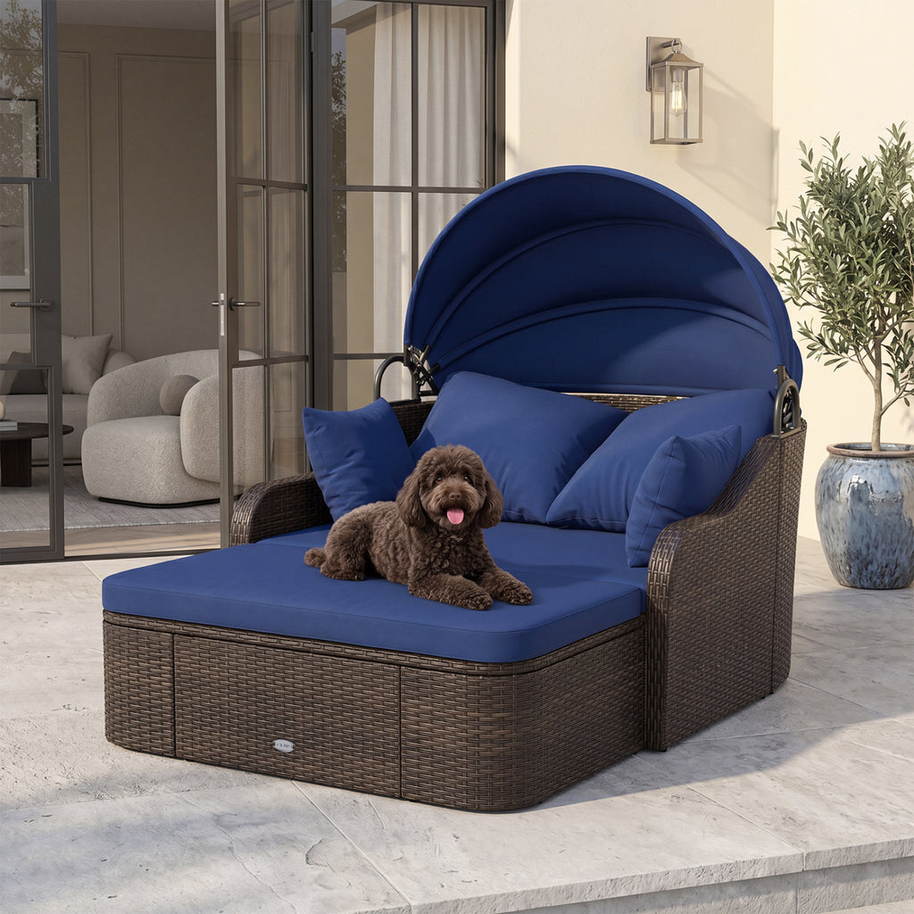 PE Rattan Daybed with Retractable Canopy & Cushions - Navy