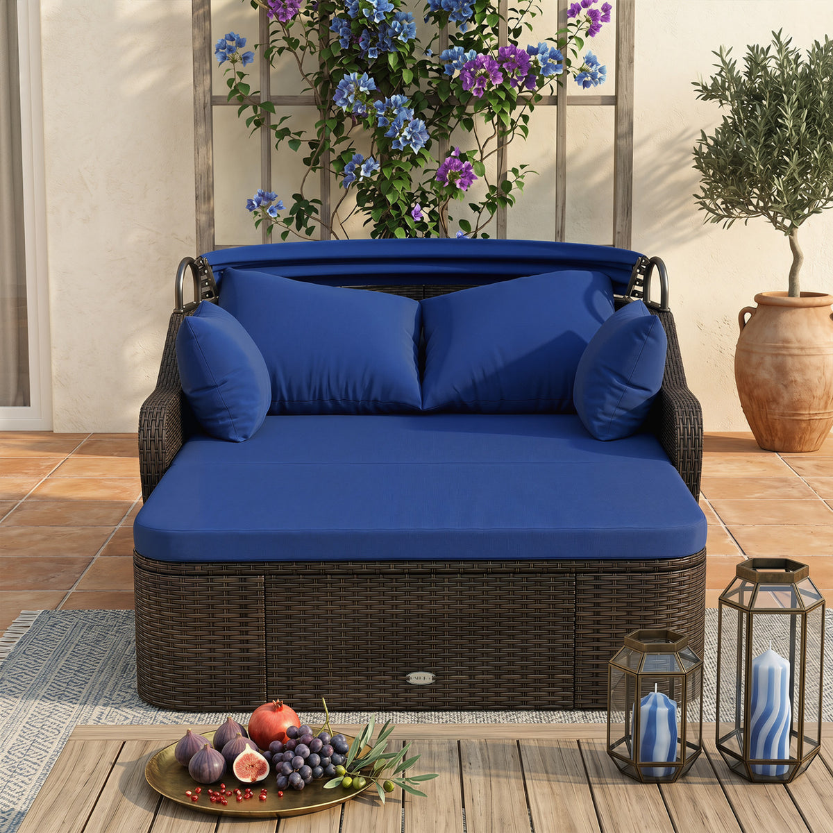 PE Rattan Daybed with Retractable Canopy & Cushions - Navy