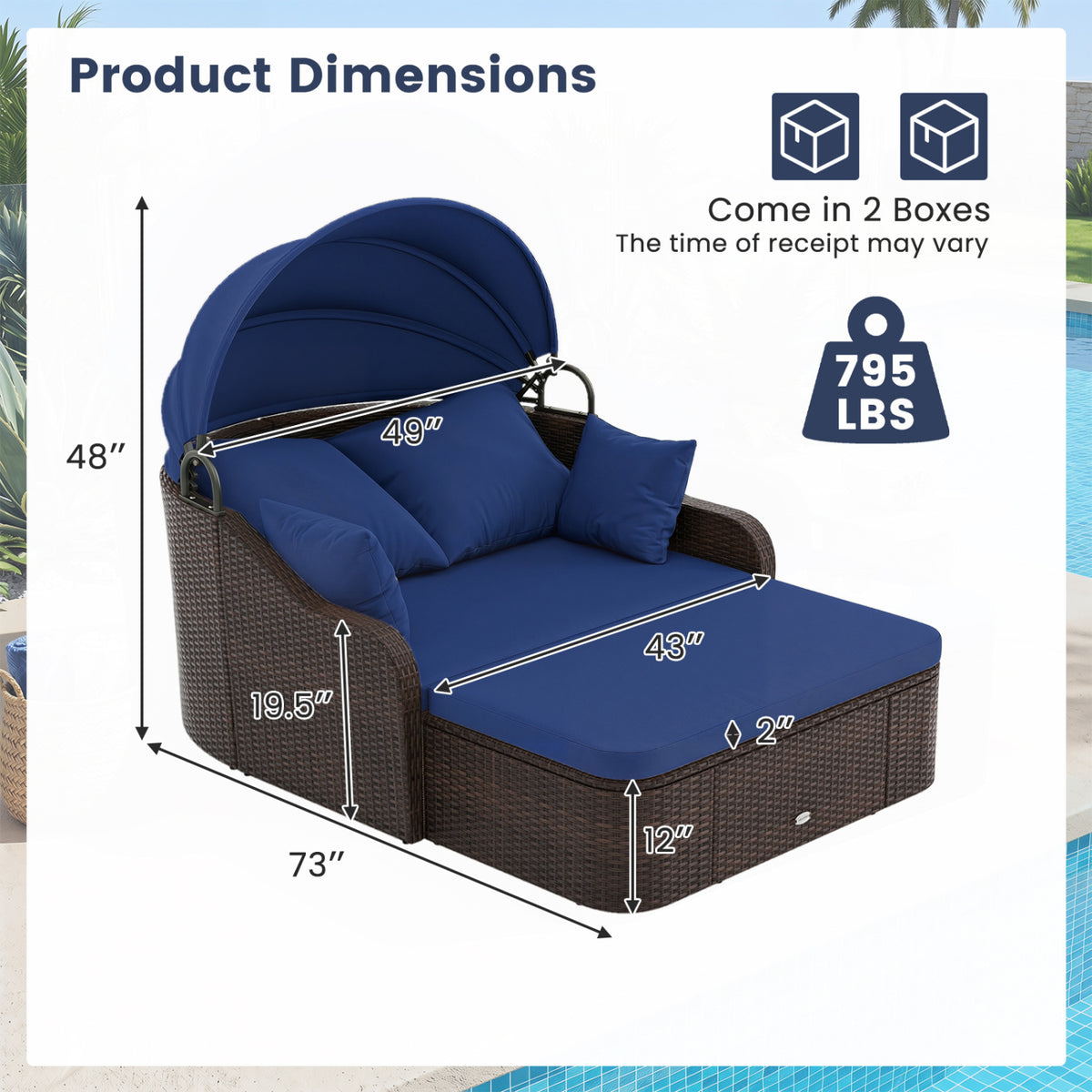 PE Rattan Daybed with Retractable Canopy & Cushions - Navy