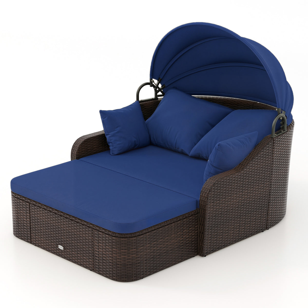 PE Rattan Daybed with Retractable Canopy & Cushions - Navy