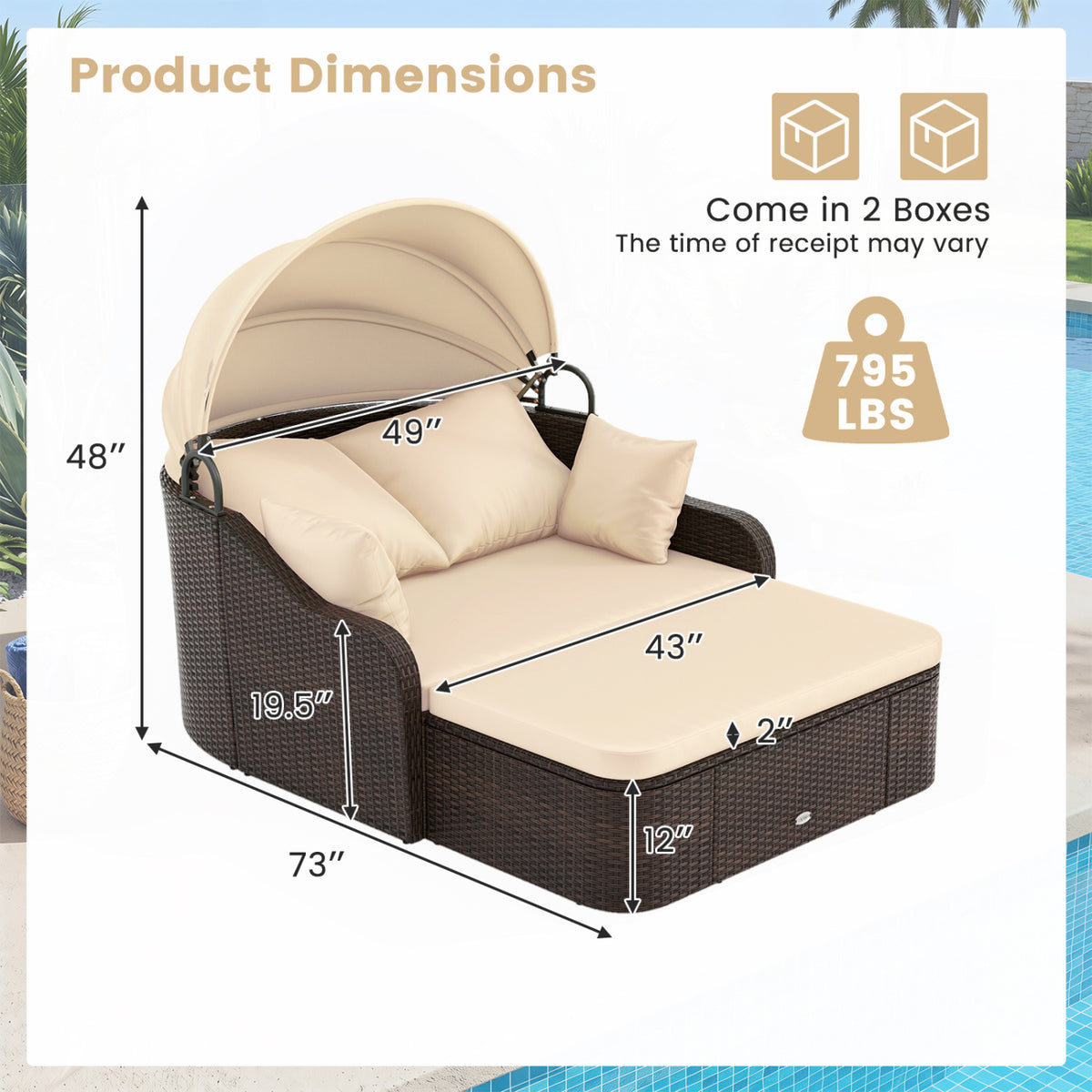 Patio PE Rattan Daybed with Retractable Canopy and Soft Cushions