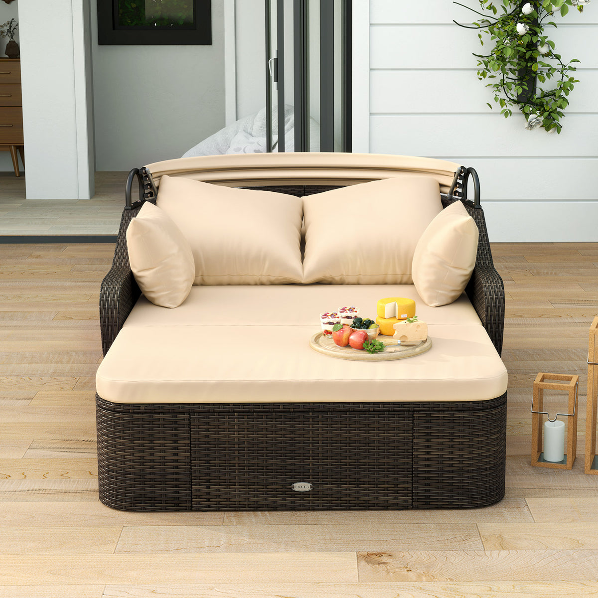 Patio PE Rattan Daybed with Retractable Canopy and Soft Cushions