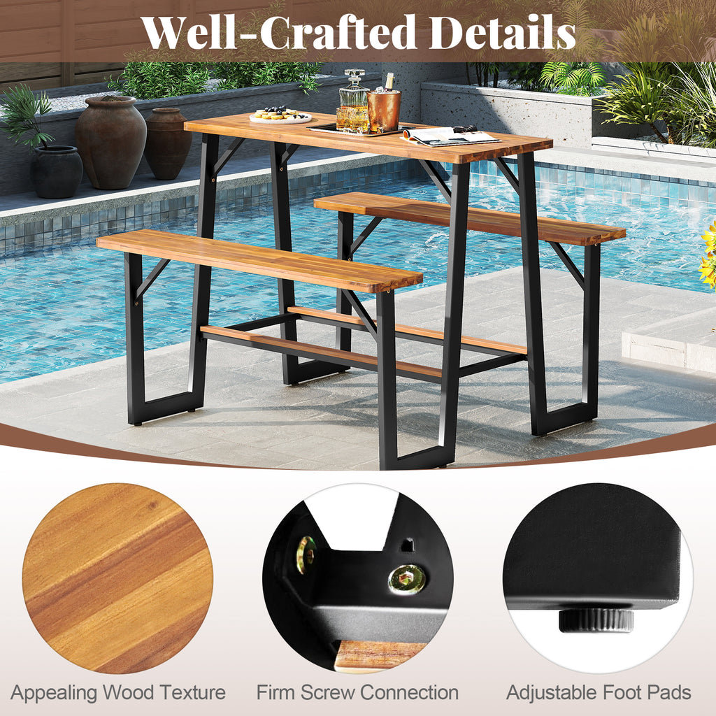 Patio Picnic Table Bench Set with Acacia Wood Tabletop and Benchtop