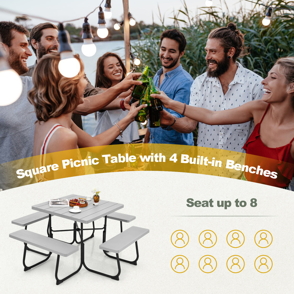 Outdoor Picnic Table with 4 Benches and Umbrella Hole