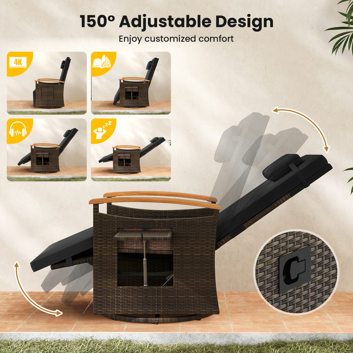 Set of 2 Patio Rattan 360° Swivel Recliner Chair with Adjustable