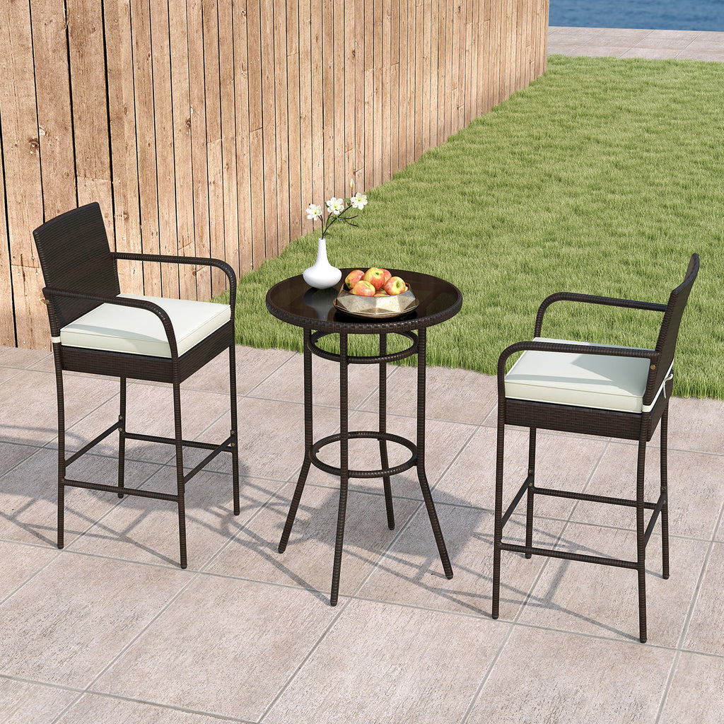 Patio Rattan Bar Height Table and Chairs with 2 Seat Cushions for