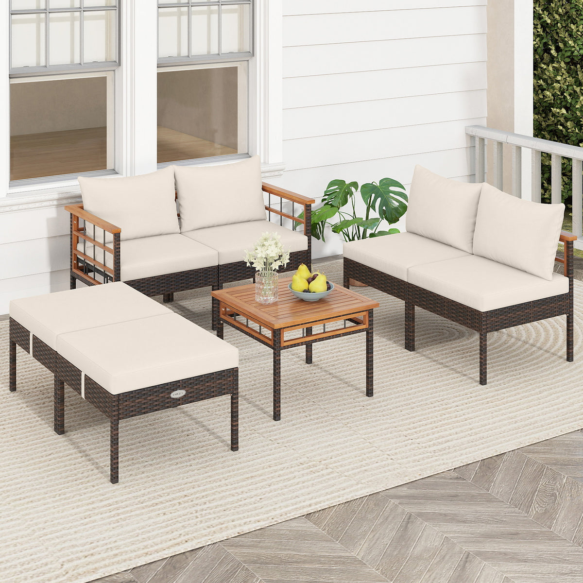 Patio Rattan Chairs with Ottomans and Side Table for Backyard