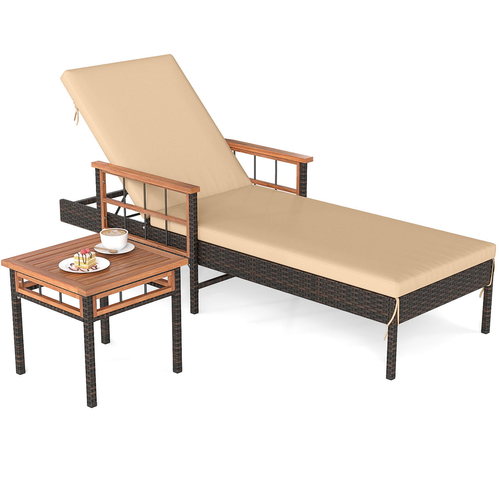 Patio Rattan Chaise Lounge with Side Table and Adjustable Backrest