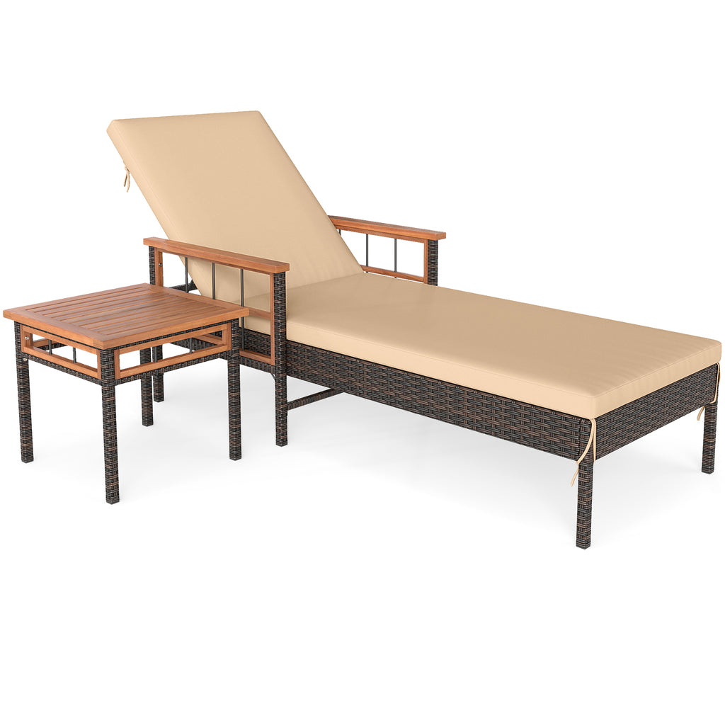 Patio Rattan Chaise Lounge with Side Table and Adjustable Backrest