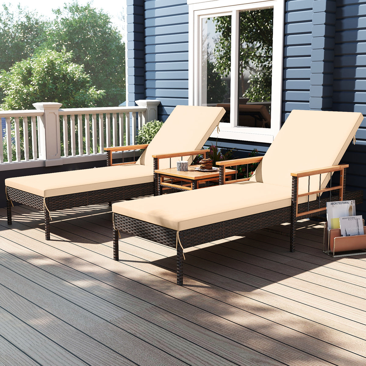 Patio Rattan Chaise Lounge with Side Table and Adjustable Backrest