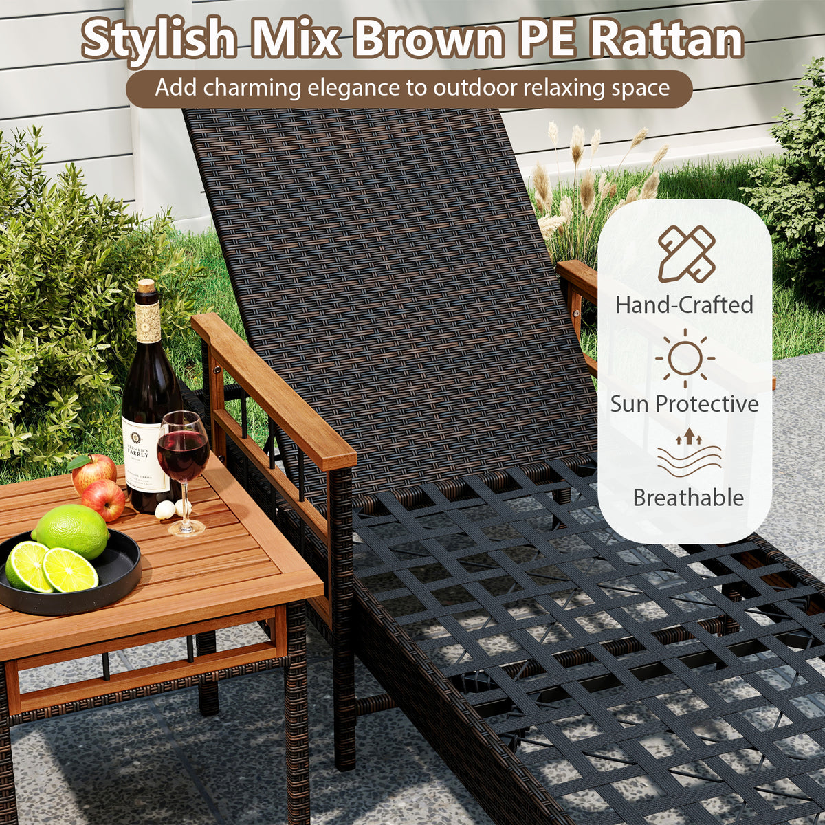 Patio Rattan Chaise Lounge with Side Table and Adjustable Backrest
