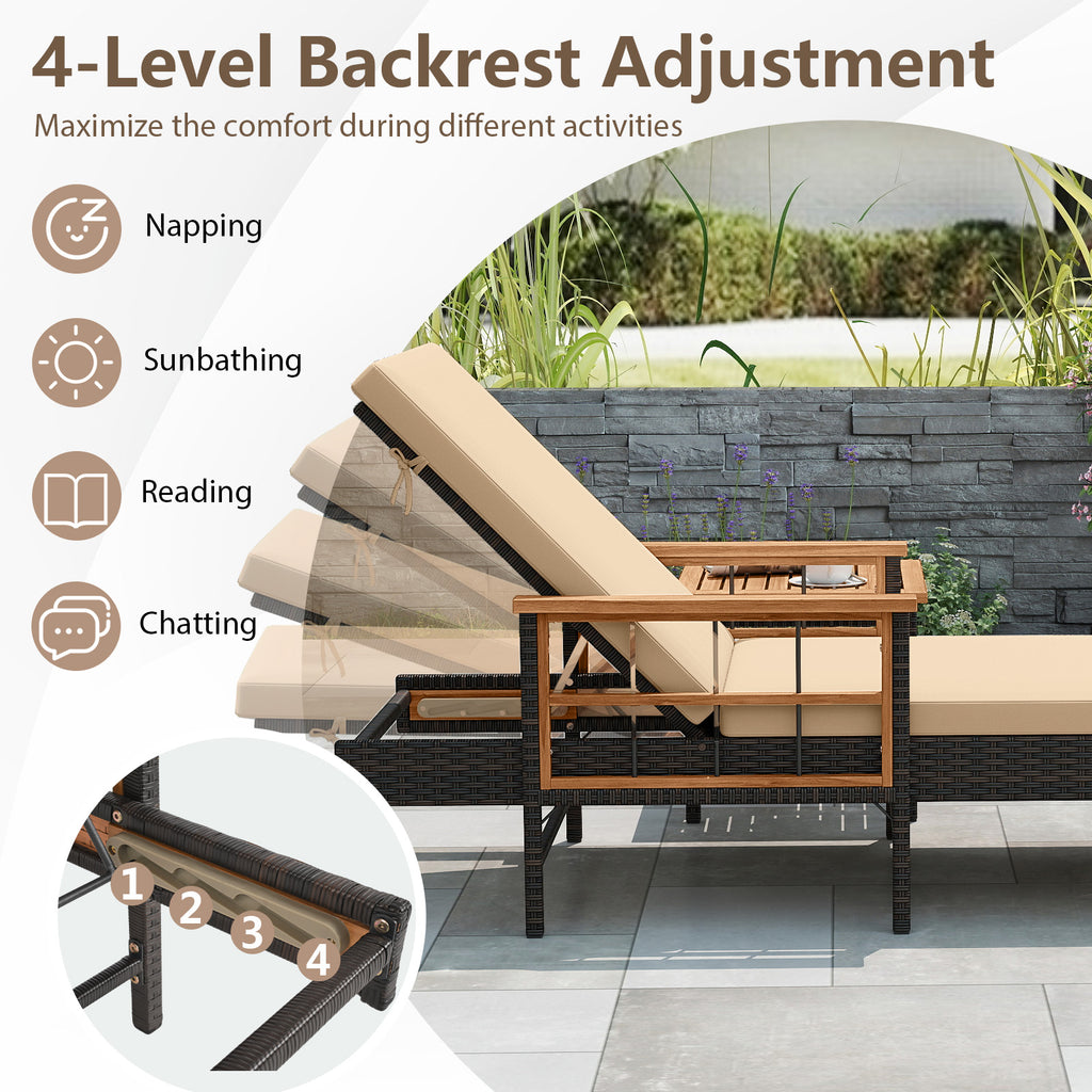 Patio Rattan Chaise Lounge with Side Table and Adjustable Backrest