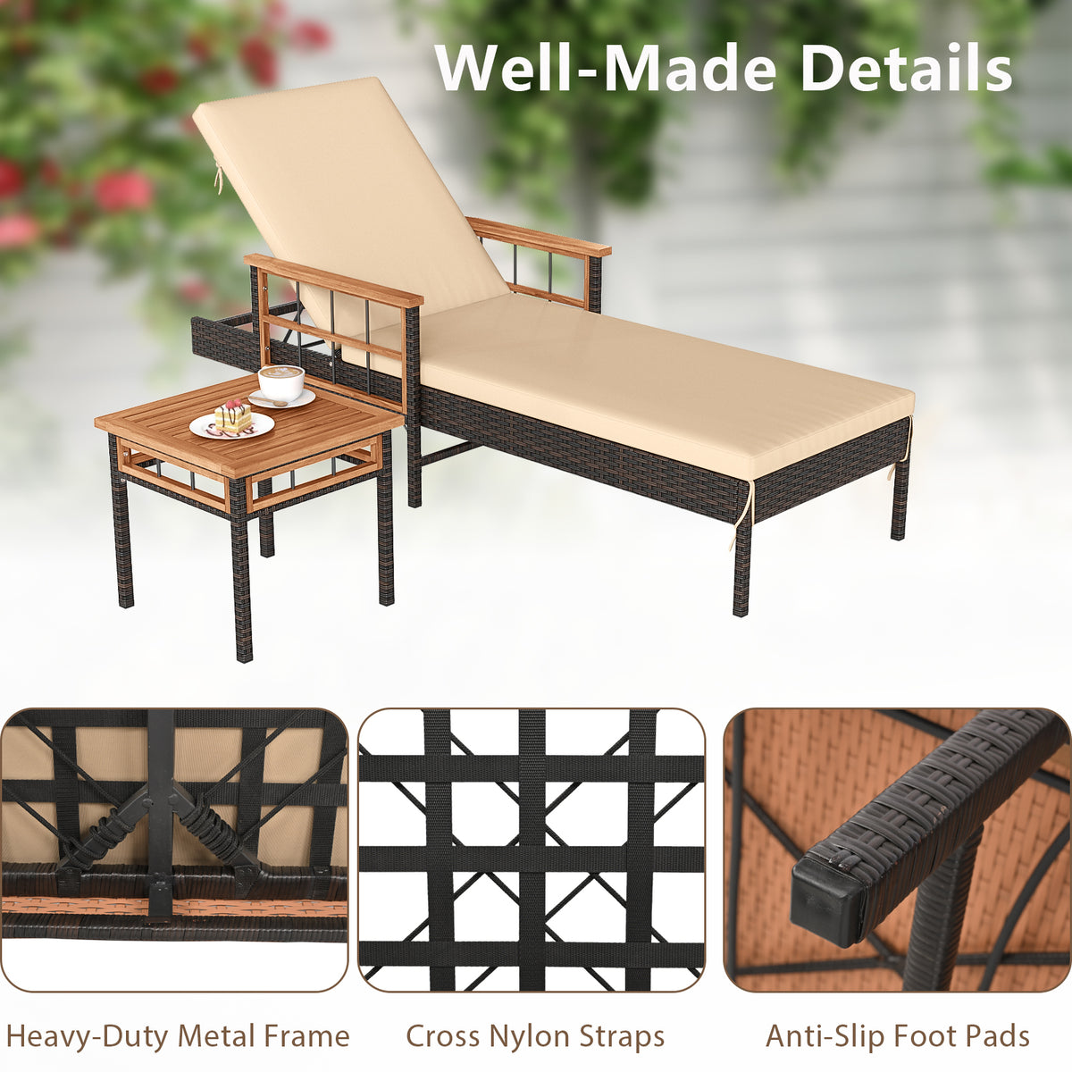 Patio Rattan Chaise Lounge with Side Table and Adjustable Backrest