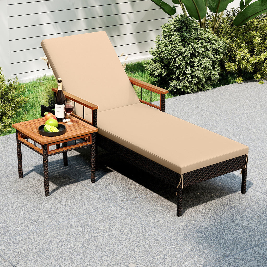 Patio Rattan Chaise Lounge with Side Table and Adjustable Backrest