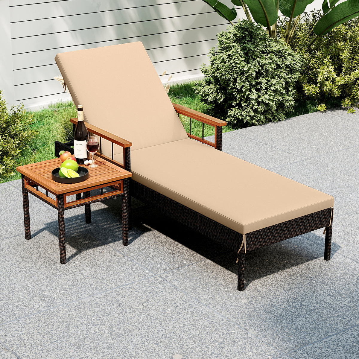 Patio Rattan Chaise Lounge with Side Table and Adjustable Backrest