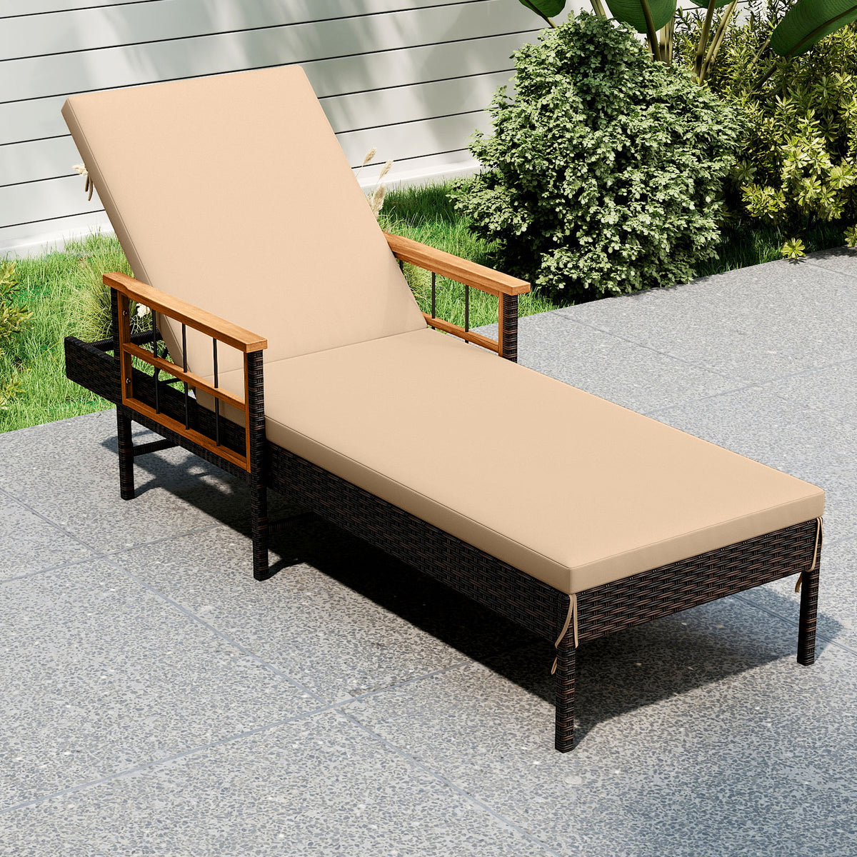 Outdoor Reclining Lounger Chair with 4-Level Adjustable Backrest – Beige