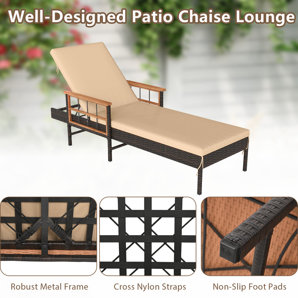Patio Rattan Chaise Lounge with 4-Level Adjustable Backrest