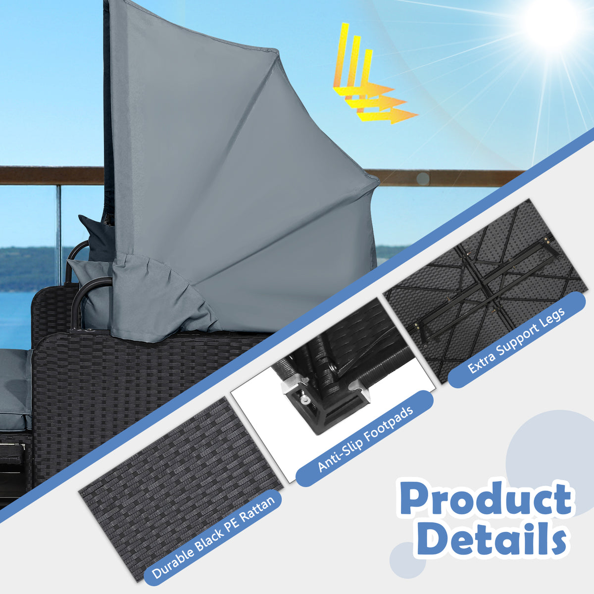 Patio Rattan Daybed with Retractable Canopy and Side Tables
