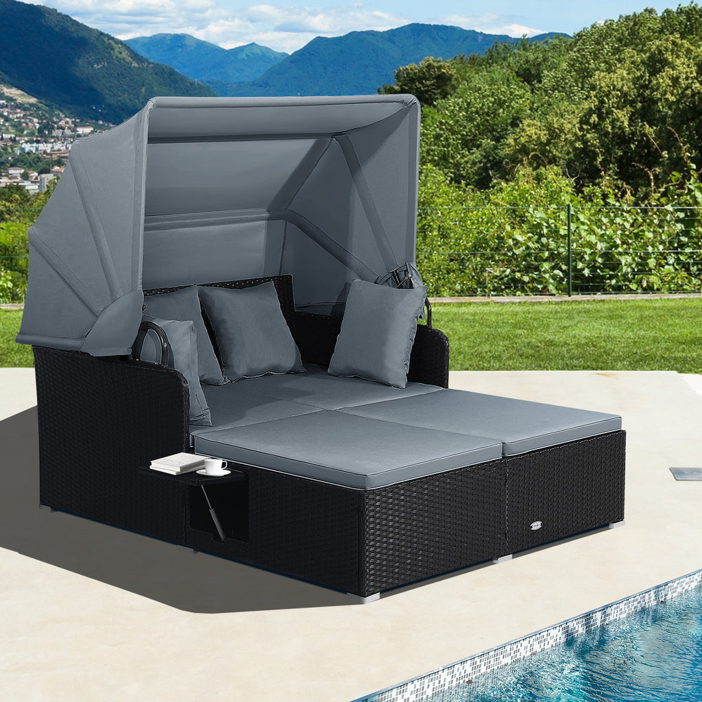 Patio Rattan Daybed with Retractable Canopy, Gray
