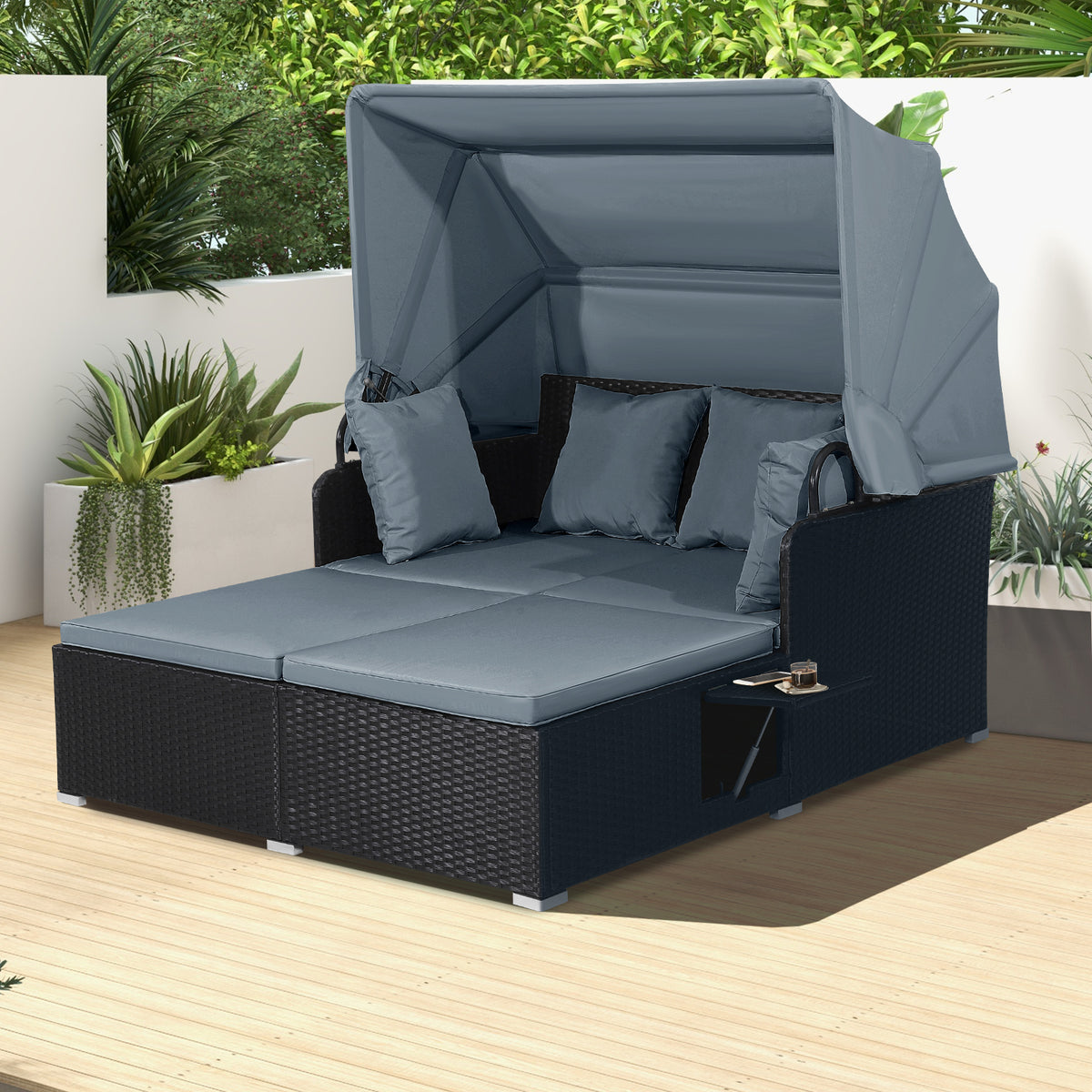 Patio Rattan Daybed with Retractable Canopy, Gray