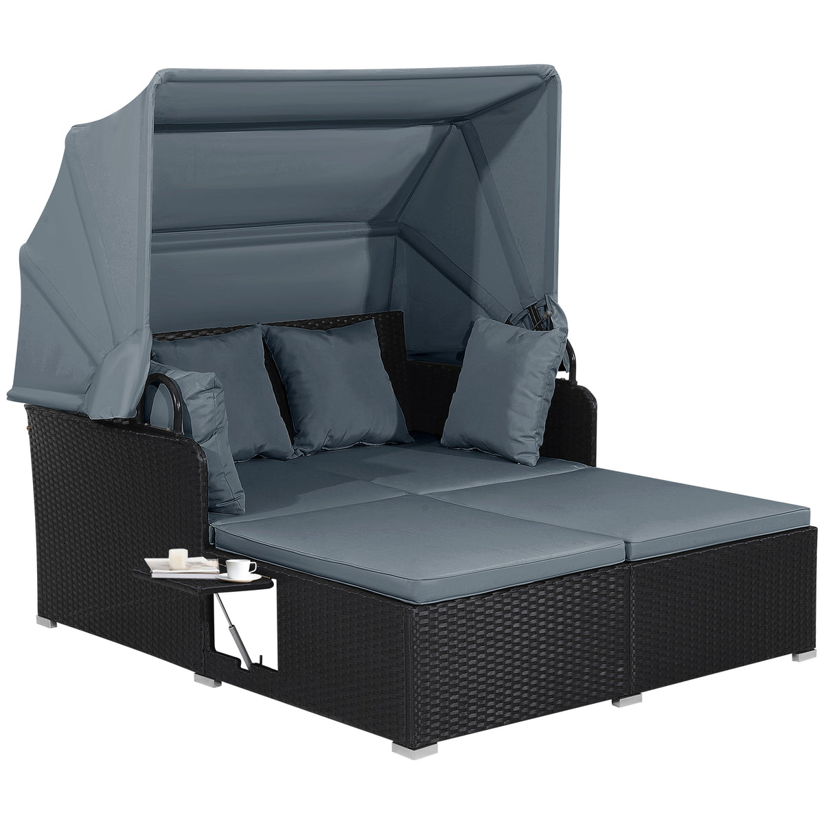 Patio Rattan Daybed with Retractable Canopy and Side Tables