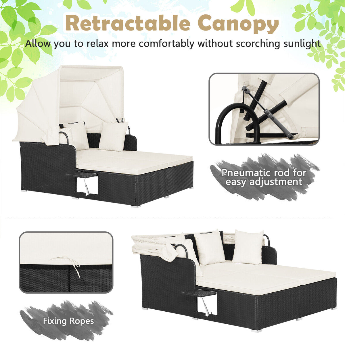 Patio Rattan Daybed with Retractable Canopy, Off White