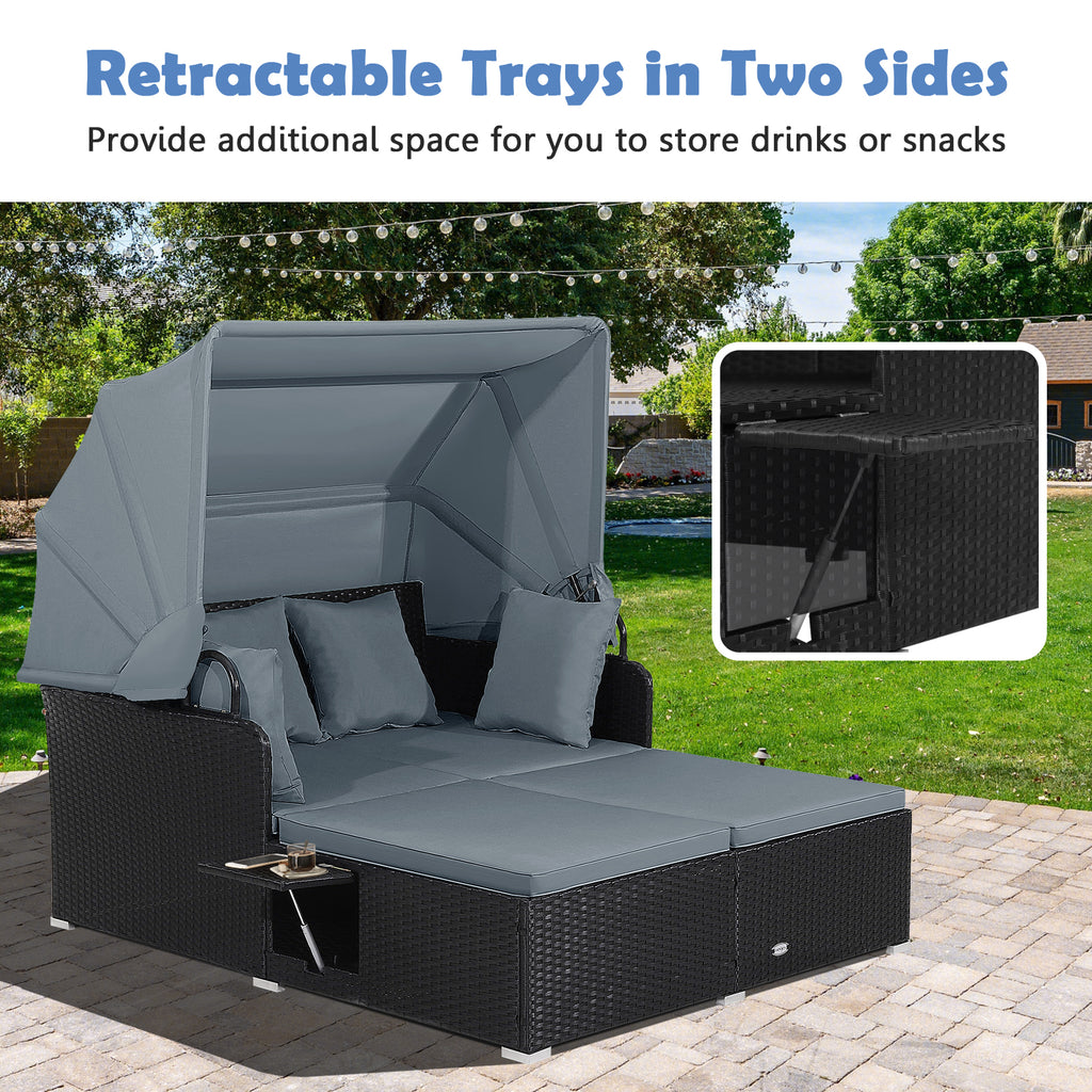 Patio Rattan Daybed with Retractable Canopy and Side Tables