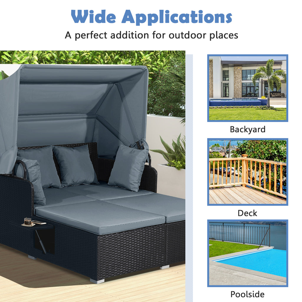 Patio Rattan Daybed with Retractable Canopy, Gray