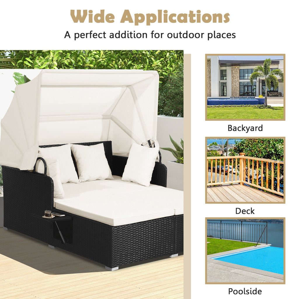 Patio Rattan Daybed with Retractable Canopy, Off White