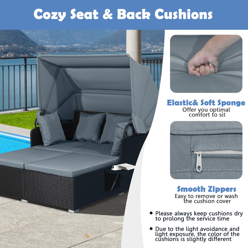 Patio Rattan Daybed with Retractable Canopy, Gray